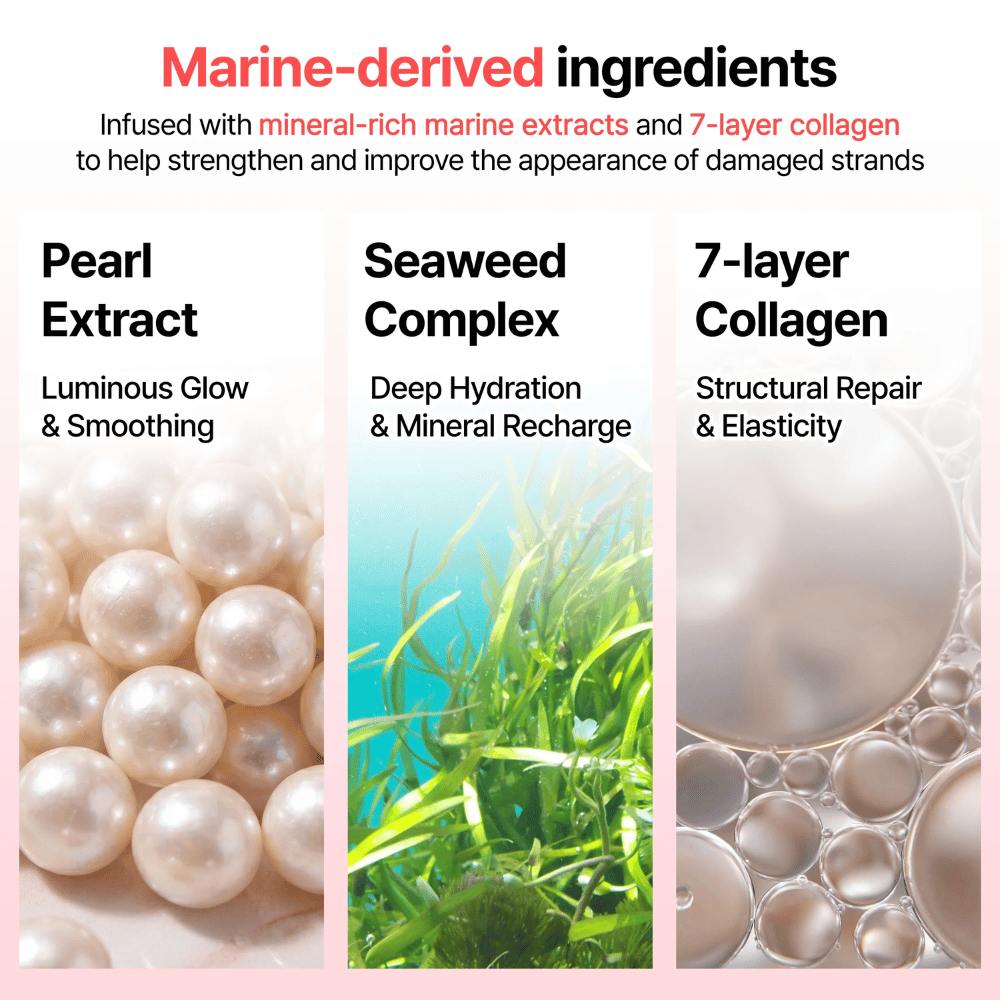 Imagem informativa sobre ingredientes marinhos em GROWUS Damage Therapy No-Wash Treatment EX com extrato de pérola, complexo de ervas marinhas e colagénio de 7 camadas para brilho e hidratação.