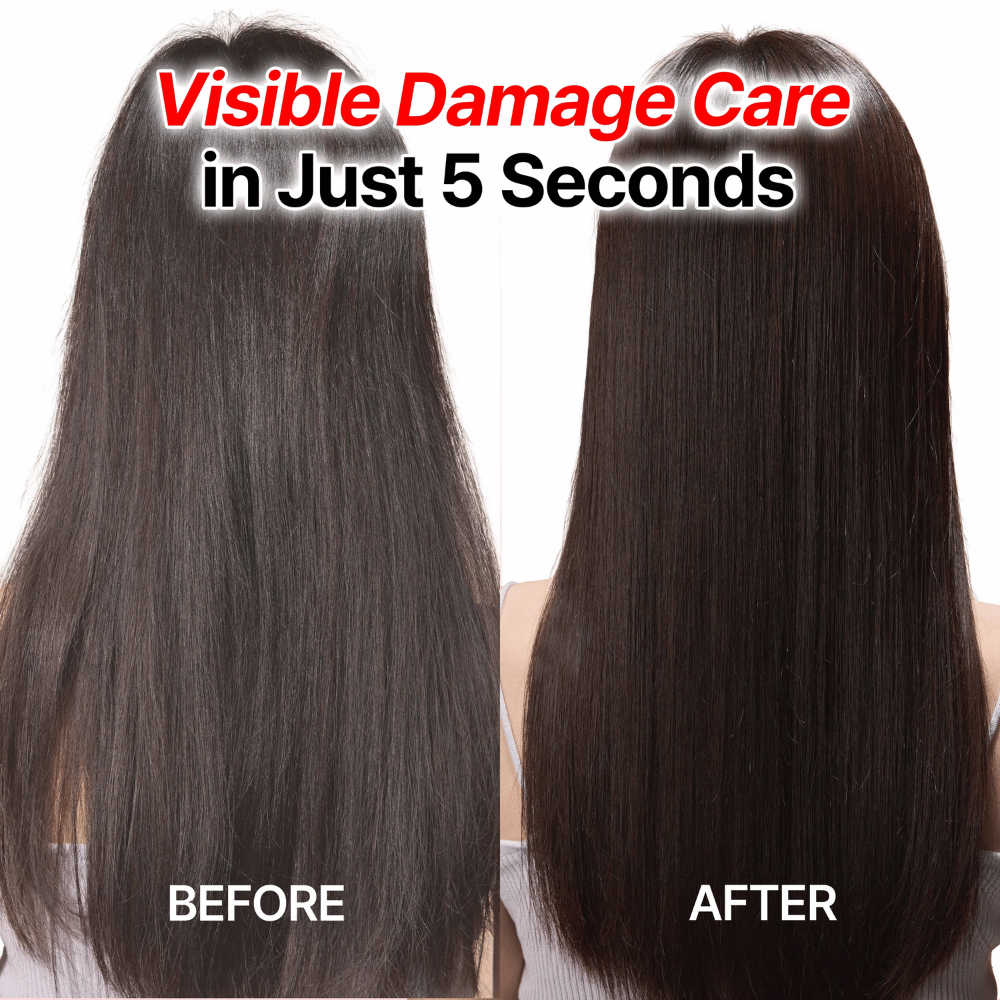 Resultados antes e depois com GROWUS Damage Therapy Shampoo EX para um cabelo mais liso e saudável