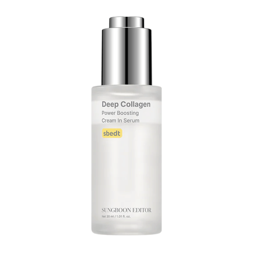 Deep Collagen Power Boosting Cream in Serum em frasco elegante e transparente com tampa prateada. Um produto rico em colágeno que proporciona uma pele mais volumosa.