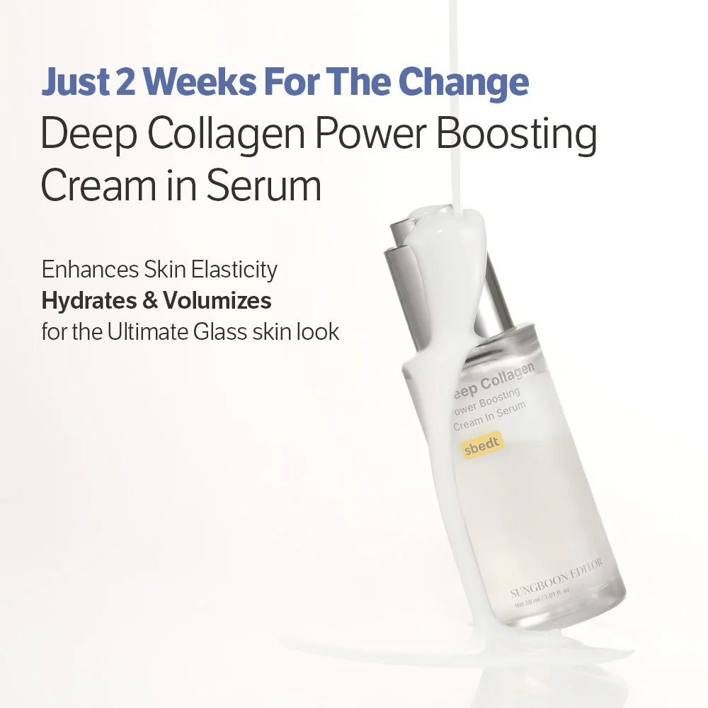 Sungboon Editor Deep Collagen Power Boosting Cream in Serum coberto por creme escorrendo. Produto que hidrata, fortalece a elasticidade e proporciona uma pele vidrada.