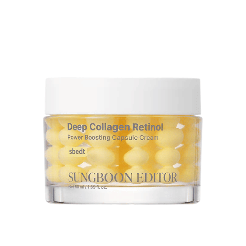 Sungboon Editor Deep Collagen Retinol Capsule Cream em frasco de vidro com cápsulas amarelas. Um creme anti-envelhecimento poderoso com retinol e colágeno.