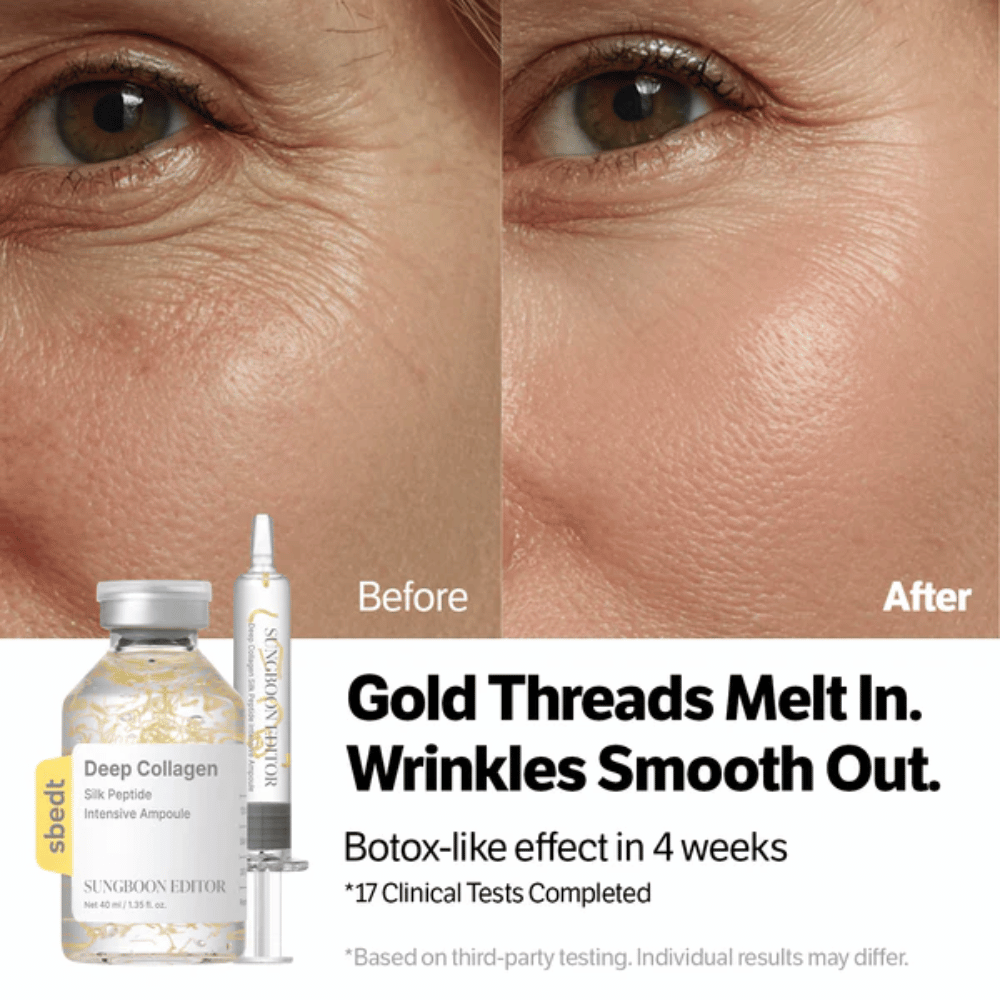 SUNGBOON EDITOR Deep Collagen Silk Peptide Intensive Ampoule – sérum com peptídeos que ajudam a reduzir rugas e melhorar a elasticidade da pele para um resultado mais suave.