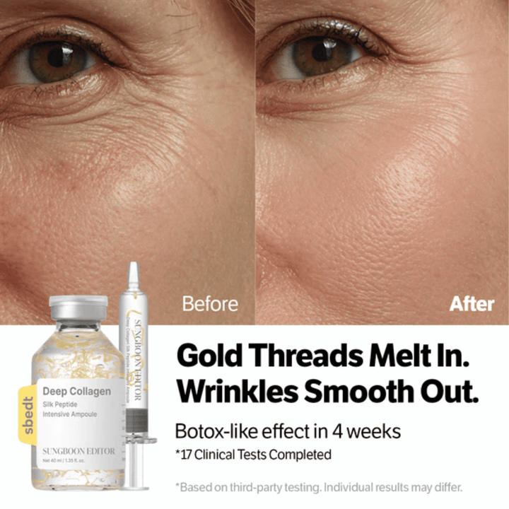 SUNGBOON EDITOR Deep Collagen Silk Peptide Intensive Ampoule – sérum com peptídeos que ajudam a reduzir rugas e melhorar a elasticidade da pele para um resultado mais suave.