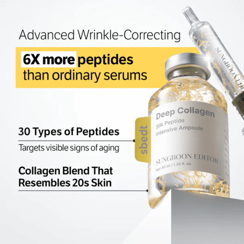SUNGBOON EDITOR Deep Collagen Silk Peptide Intensive Ampoule – sérum avançado com colágeno e peptídeos que ajudam a melhorar a firmeza da pele e reduzir os sinais visíveis de envelhecimento.
