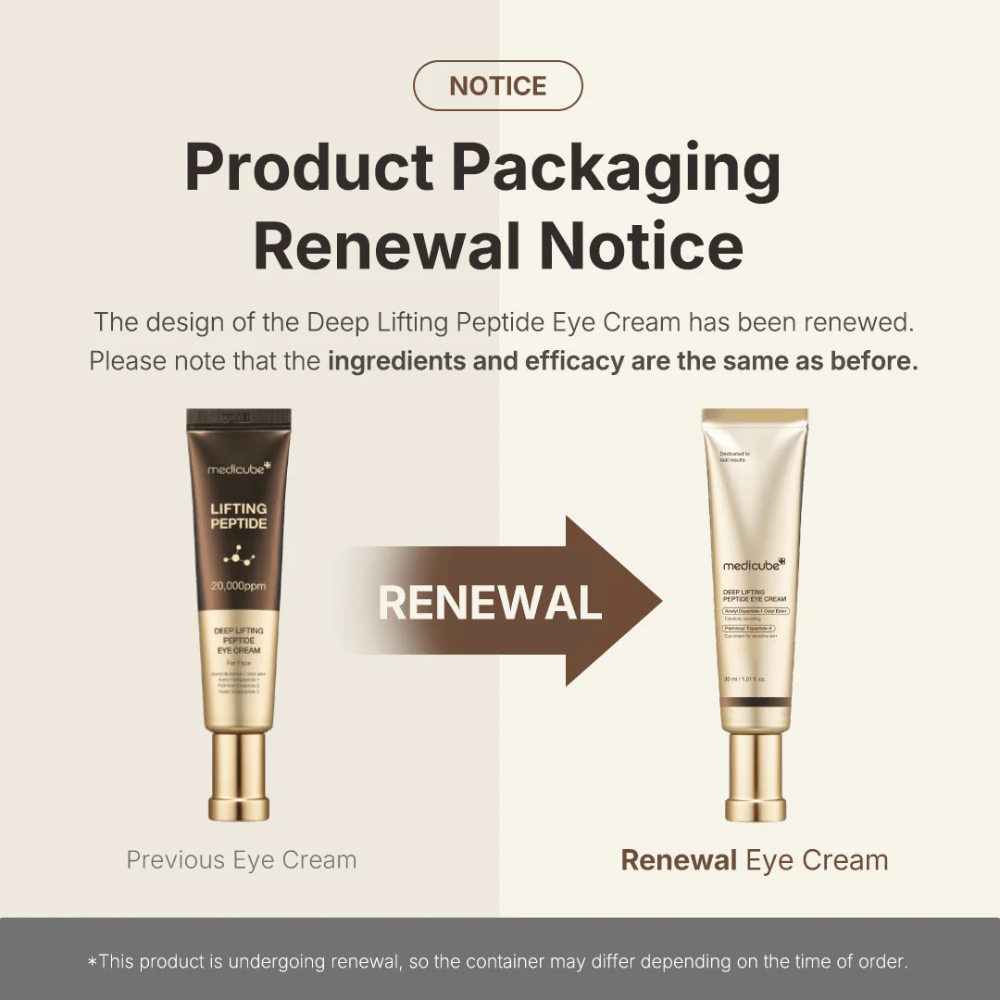 Medicube Deep Lifting Peptide Eye Cream – nova embalagem, mesma fórmula eficaz de peptídeos que levanta e firma a pele ao redor dos olhos.
