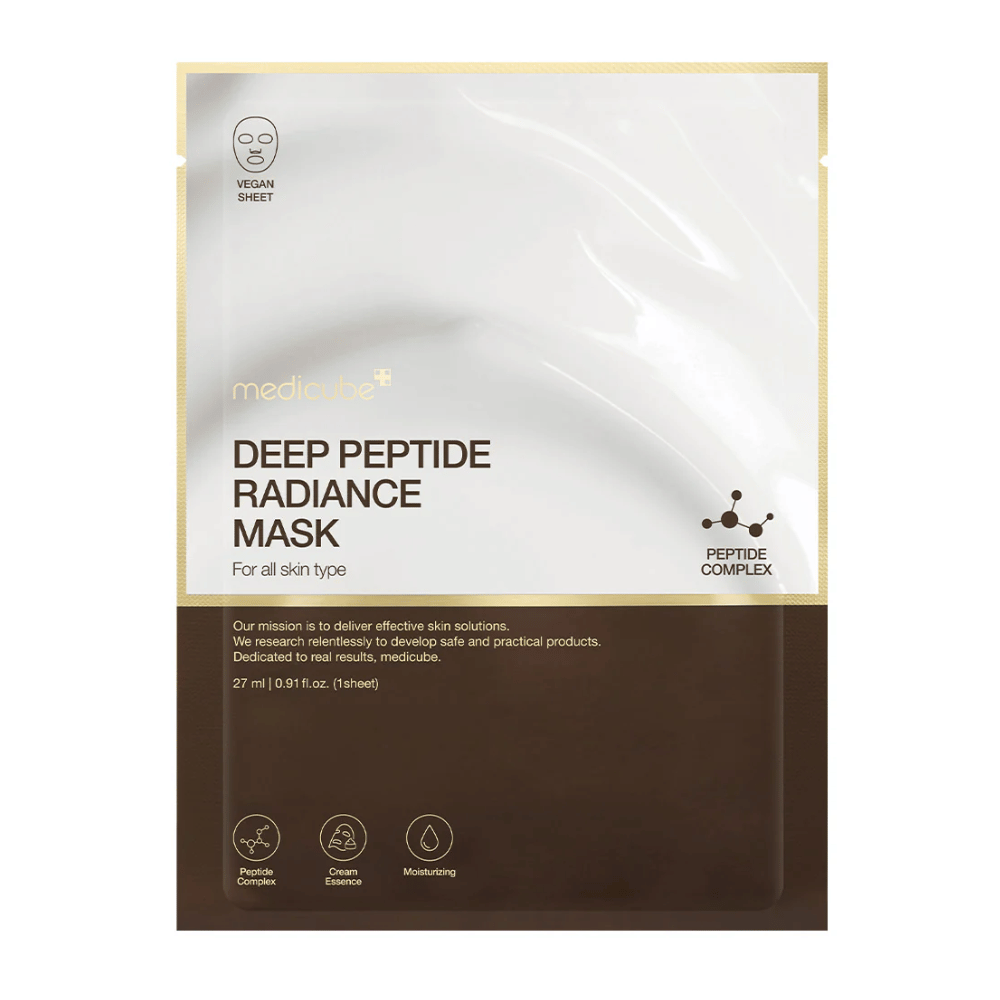 Frente de Medicube Deep Peptide Radiance Mask, Sheet mask vegano com complexo de peptídeos para hidratação e brilho.