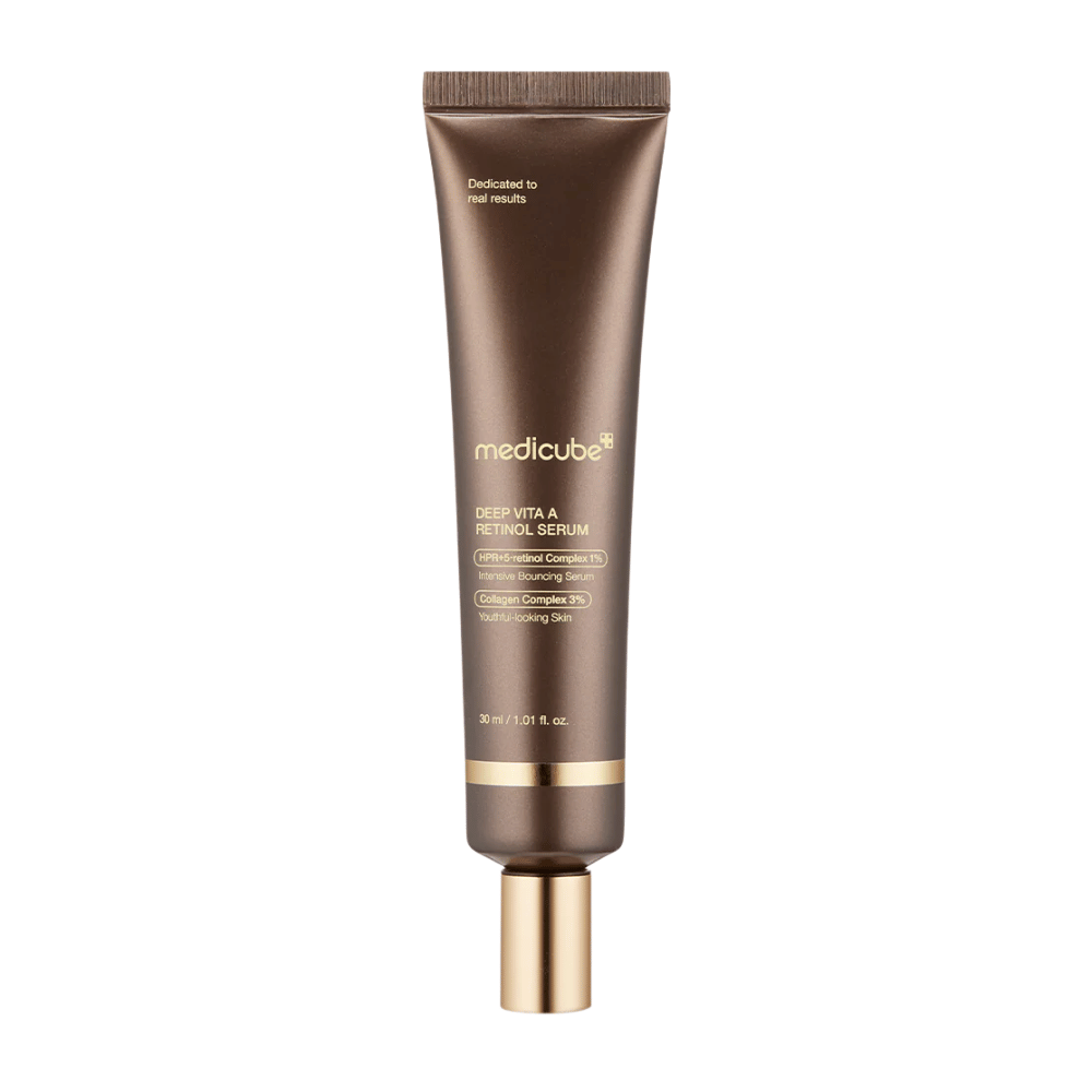 Medicube Deep Vita A Retinol Serum em tubo marrom com detalhes dourados, um produto anti-envelhecimento que combina retinol e colágeno para uma pele mais firme.