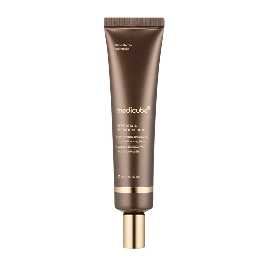 Medicube Deep Vita A Retinol Serum i brun tub med gulddetaljer, en anti-aging produkt som kombinerar retinol och kollagen för fastare hud.