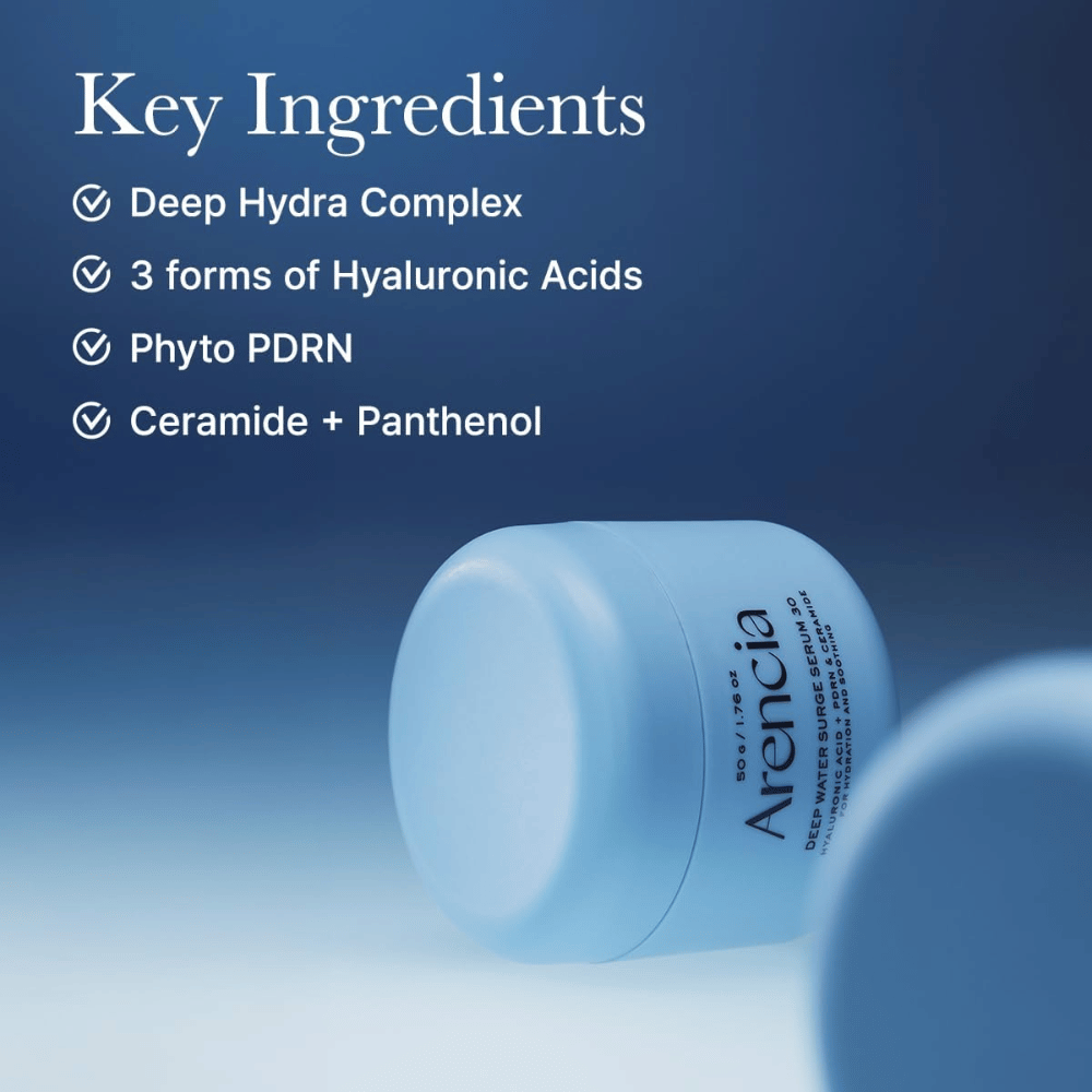 Arencia Deep Water Surge Serum 30 – ingredientes-chave com ácido hialurónico, Phyto PDRN, ceramidas e pantenol