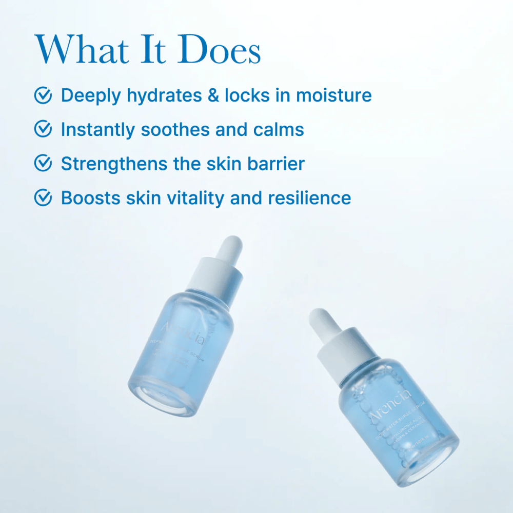 Duas garrafas Arencia Deep Water Surge Serum destacando a textura leve e à base de água do sérum para hidratação intensa e pele equilibrada.