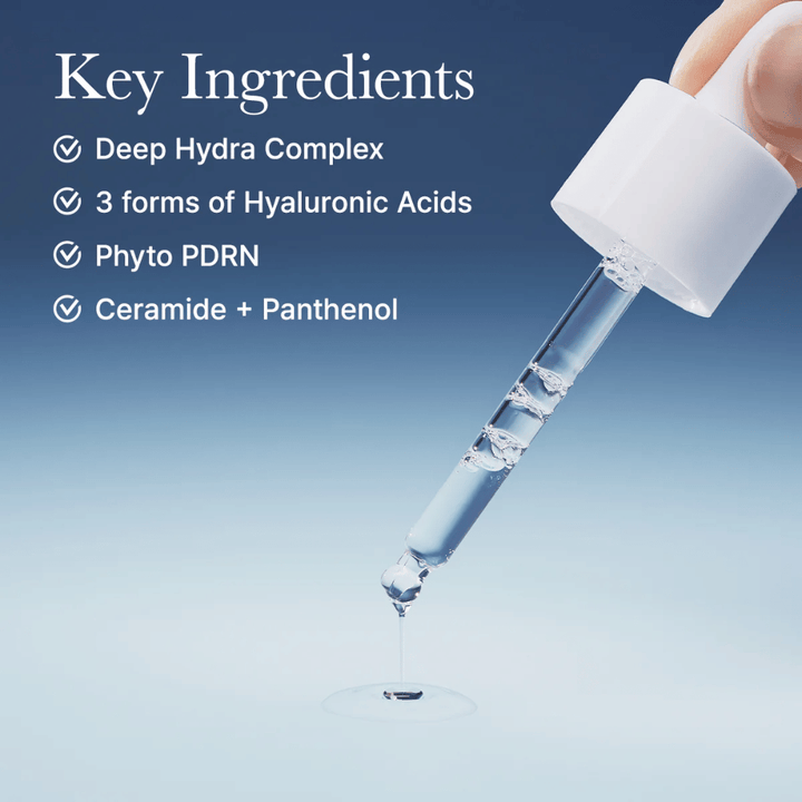 Pipeta com sérum mostrando a consistência leve e os ingredientes ativos do Deep Water Surge Serum, como ácido hialurônico, fito PDRN, ceramidas e pantenol.