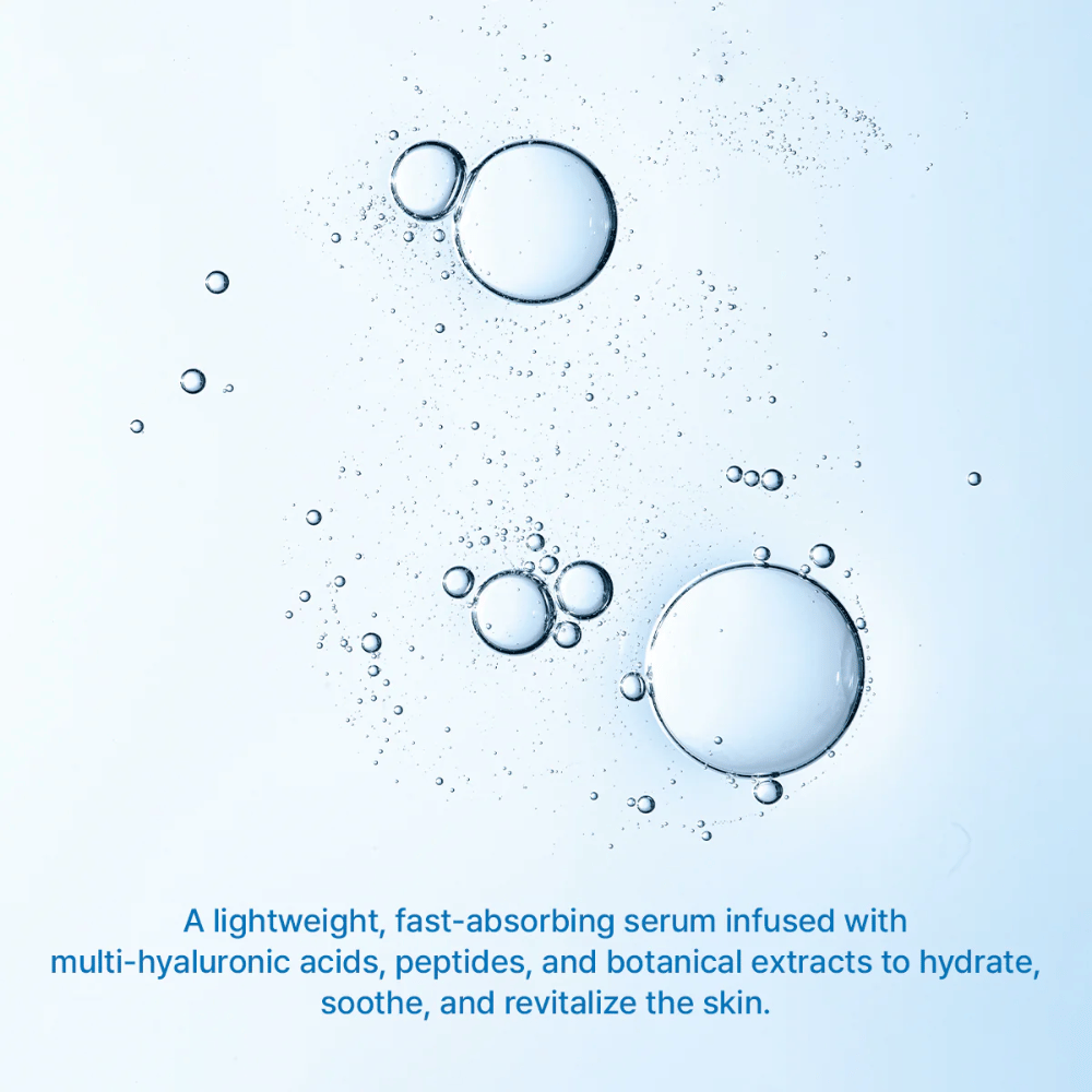 Ilustração de bolhas de água simbolizando hidratação intensa de Arencia Deep Water Surge Serum com ácido hialurônico múltiplo e fórmula de rápida absorção.