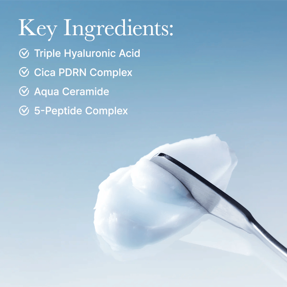 Ingredientes-chave em Arencia Deep Water Surge Soothing Cream com ácido hialurônico triplo, Cica PDRN, ceramida aqua e complexo de 5 peptídeos para hidratação intensa e suporte à barreira da pele.