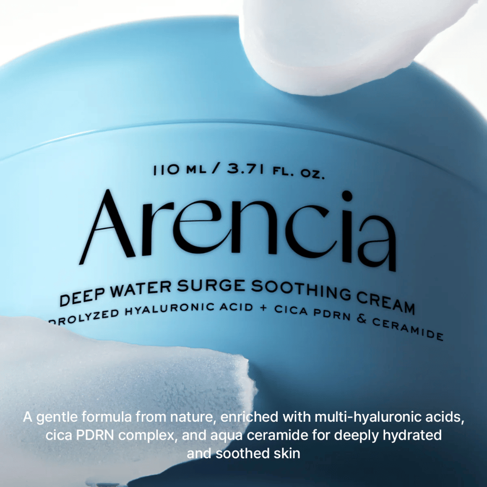 Arencia Deep Water Surge Soothing Cream com ácido hialurônico, Cica PDRN e ceramidas – creme facial calmante que hidrata profundamente e fortalece a barreira da pele para pele sensível e seca.