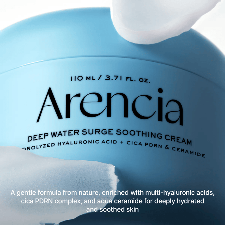 Arencia Deep Water Surge Soothing Cream com ácido hialurônico, Cica PDRN e ceramidas – creme facial calmante que hidrata profundamente e fortalece a barreira da pele para pele sensível e seca.