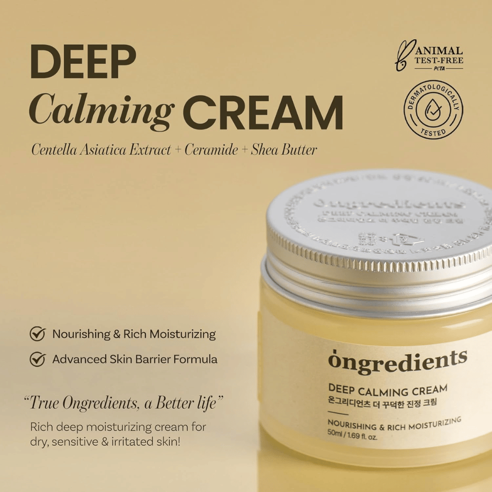 Ongredients Deep Calming Cream – testado dermatologicamente, cruelty-free creme facial para pele seca, sensível e irritada.
