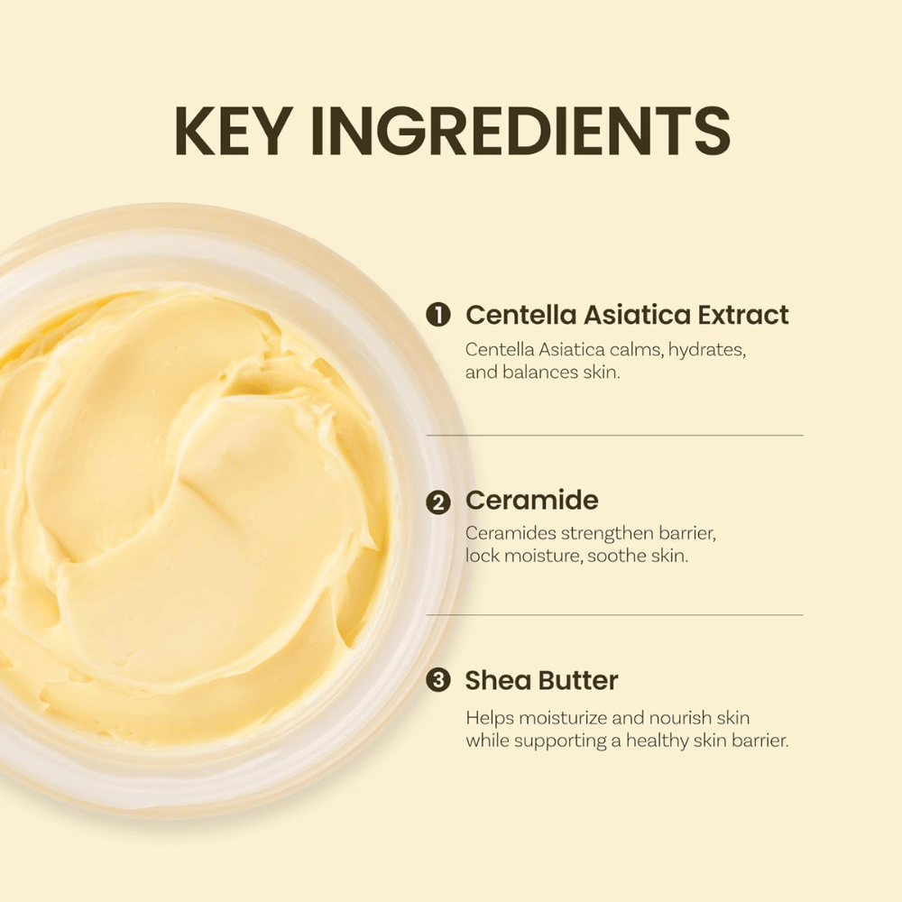 Ingredientes chave em Ongredients Deep Calming Cream: Centella Asiatica, ceramidas e manteiga de karité que hidratam e equilibram a pele.
