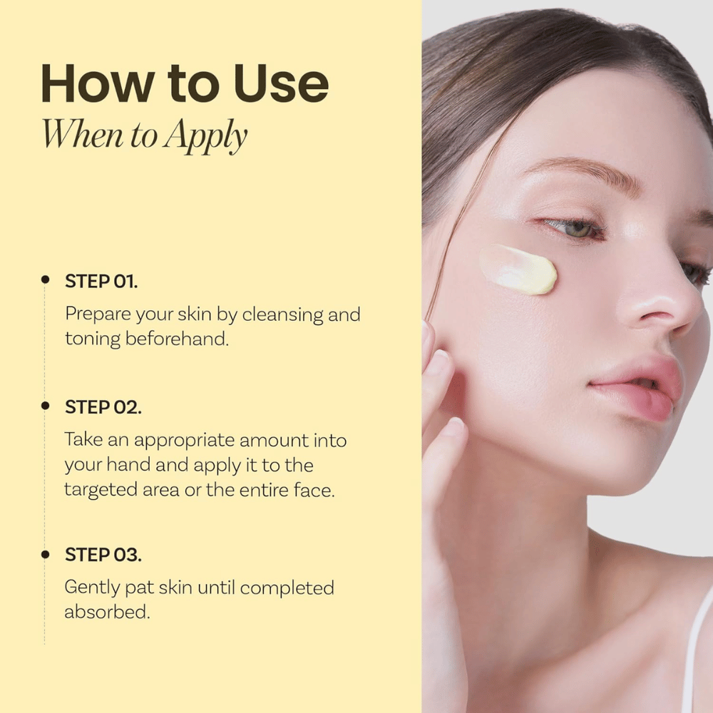 Instruções para Ongredients Deep Calming Cream – aplicar após limpeza e tônico, massagear suavemente o creme até ser absorvido.