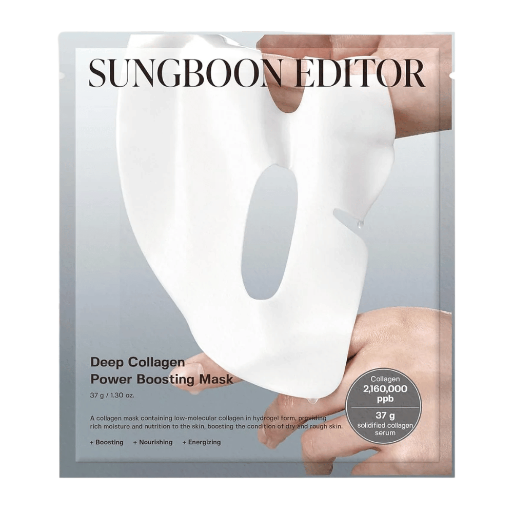 Sungboon Editor Deep Collagen Power Boosting Mask 37 g, um colágeno Sheet mask em embalagem de prata que hidrata, fortalece e nutre a pele.
