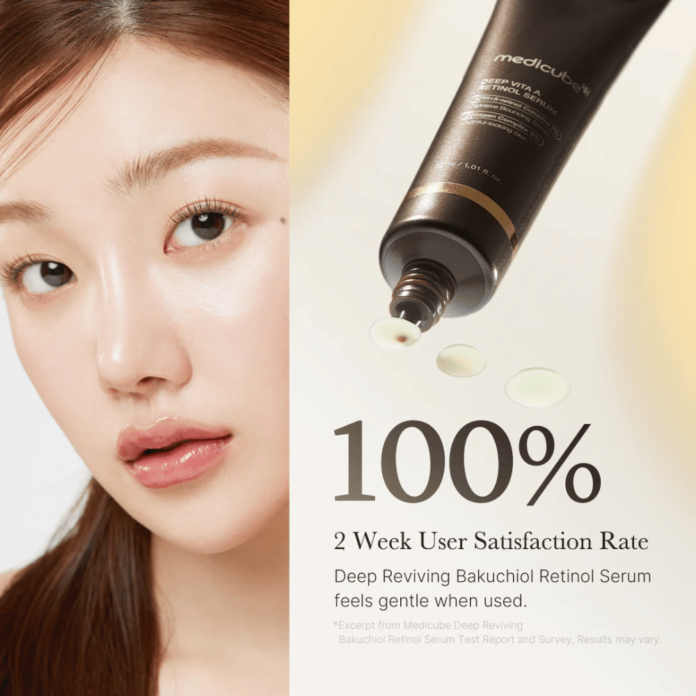 Imagem publicitária para Medicube Deep Vita A Retinol Serum com um close de uma mulher, o tubo do produto e texto mostrando 100% de satisfação do usuário após duas semanas.