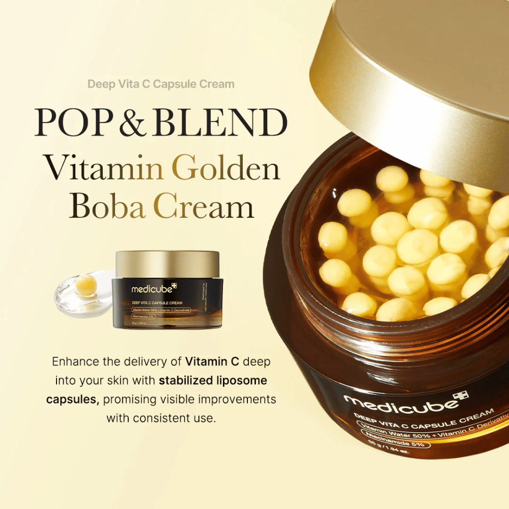 A embalagem de "Medicube Deep Vita C Capsule Cream", um creme enriquecido com vitamina C que contém cápsulas de lipossomas estabilizados para penetrar efetivamente na pele. O texto "POP & BLEND Vitamin Golden Boba Cream" destaca as características do produto, e a apresentação visual mostra as cápsulas que prometem melhorias visíveis com uso contínuo.