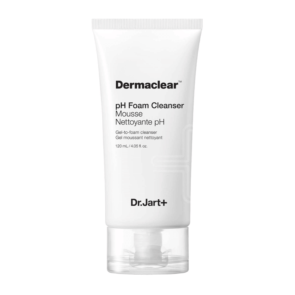 Tubo branco de Dr.Jart+ Dermaclear pH Foam Cleanser com texto preto, em pé contra um fundo branco.