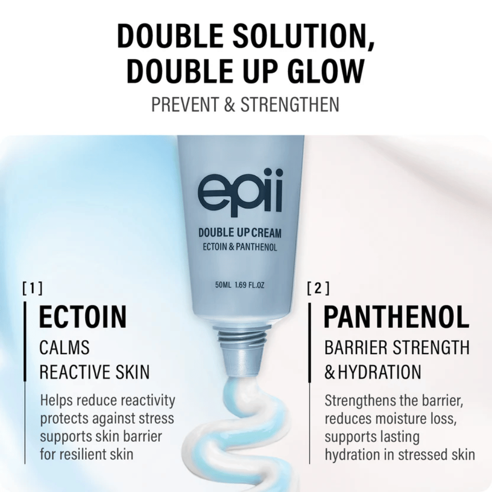 EPII Double Up Cream com ectoína e pantenol – creme facial hidratante que acalma a pele, reforça a barreira cutânea e proporciona hidratação duradoura.
