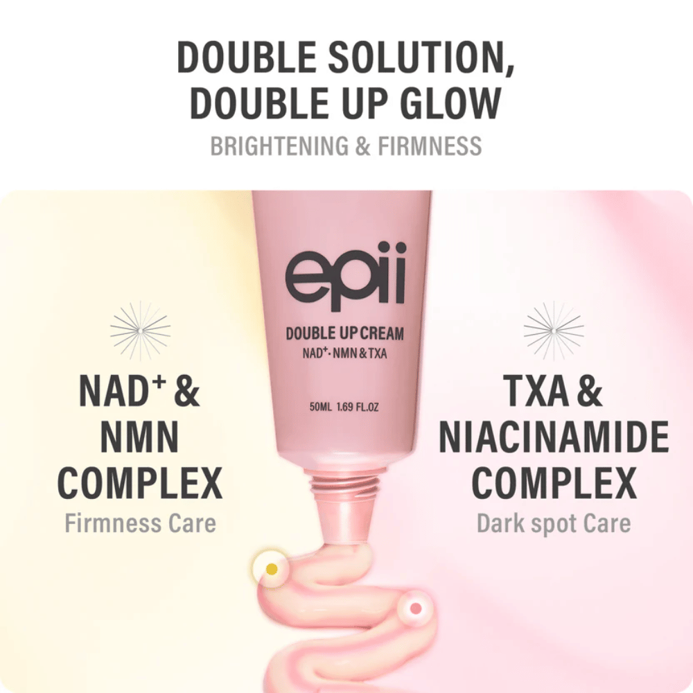 EPII Double Up Cream NAD+, NMN & TXA – creme facial com niacinamida e ácido tranexâmico para um tom de pele uniforme, firmeza e hidratação.