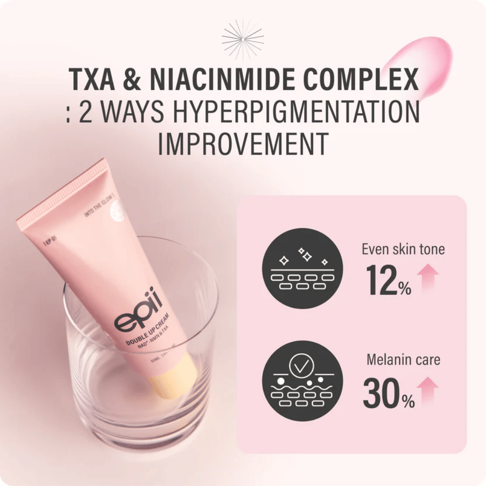 EPII Double Up Cream com NAD+, NMN, ácido tranexâmico e niacinamida que ajuda a uniformizar o tom da pele e a reduzir a pigmentação visível.