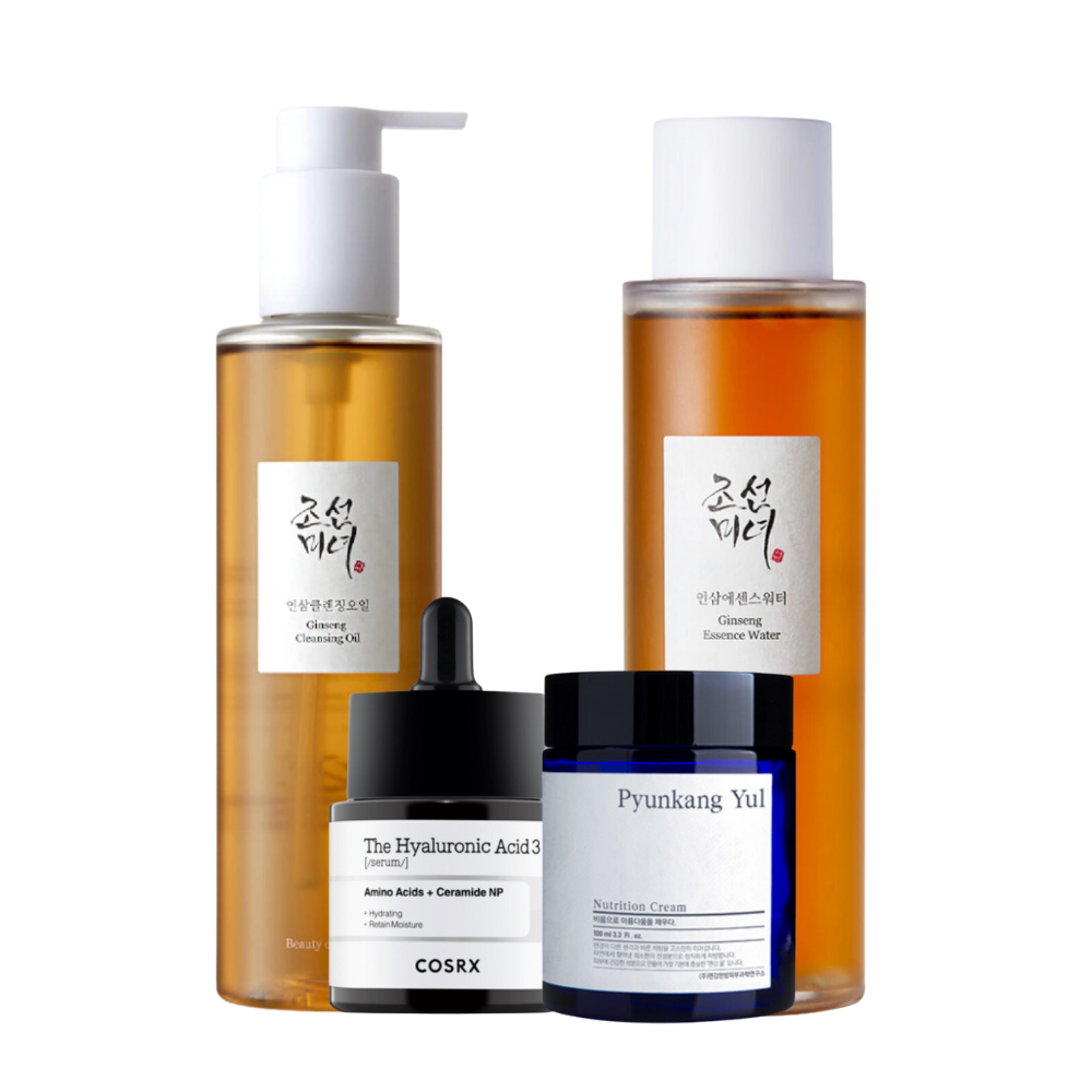Produtos de beleza incluindo óleo de limpeza de ginseng, água de essência de ginseng, COSRX soro de ácido hialurônico e Pyunkang Yul creme nutritivo.