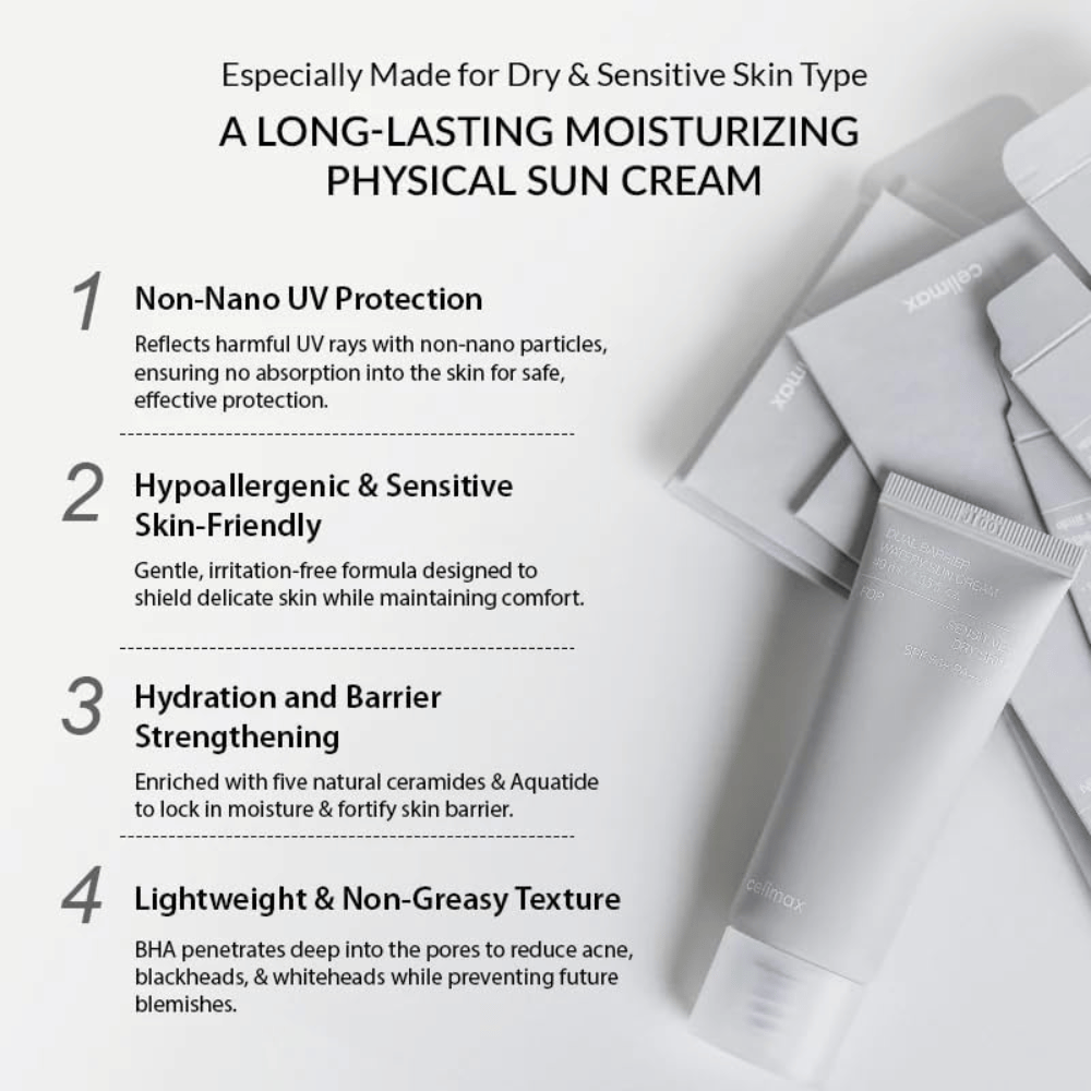 Celimax Dual Barrier Watery Sun Cream SPF50+ PA++++ com filtro UV físico, cinco ceramidas e Aquatide que hidratam e reforçam a barreira cutânea.