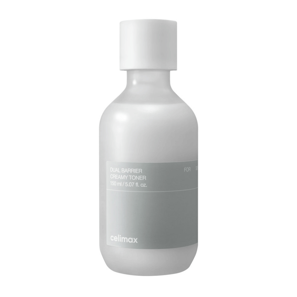 Garrafa branca com rótulo cinza para Celimax Dual Barrier Creamy Toner – um tónico hidratante com fórmula suave, especialmente concebido para pele sensível e seca.