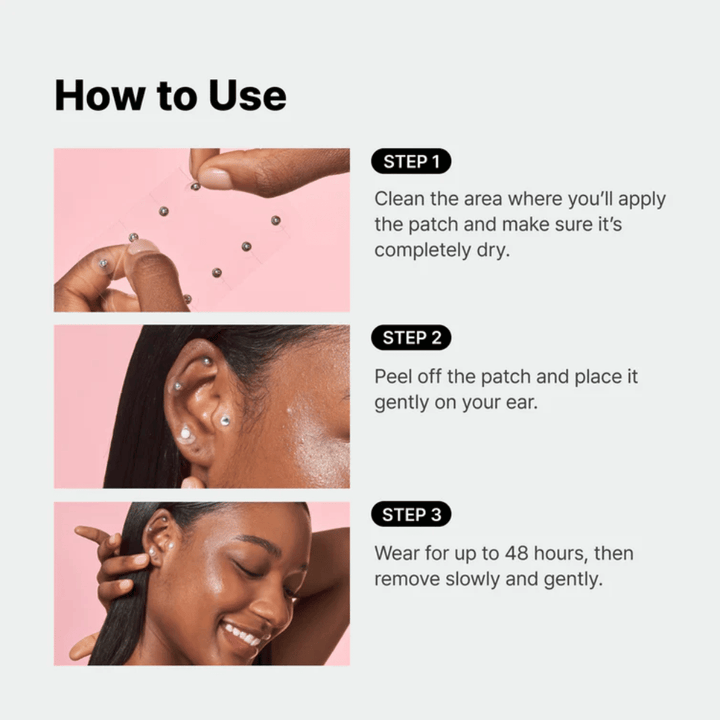 Guia passo a passo que mostra como RETURNITY Ear Therapy Acupressure Patch é aplicado na orelha. Os adesivos são colocados em pontos selecionados e podem ser usados até 48 horas.