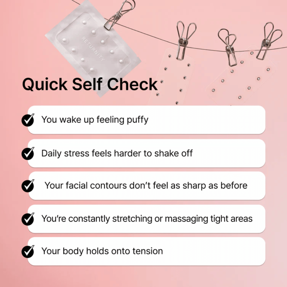 Ilustração de sinais comuns de stress, inchaço e tensão. RETURNITY Ear Therapy Acupressure Patch é apresentado como parte de uma rotina diária de bem-estar para relaxamento e equilíbrio.
