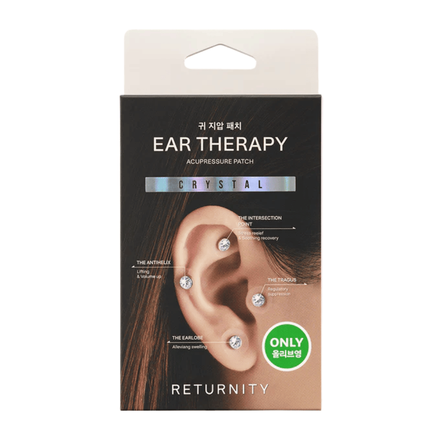 Embalagem de RETURNITY Ear Therapy Acupressure Patch Crystal com patches decorativos de cristal para acupressão auricular e foco em pontos específicos da orelha.