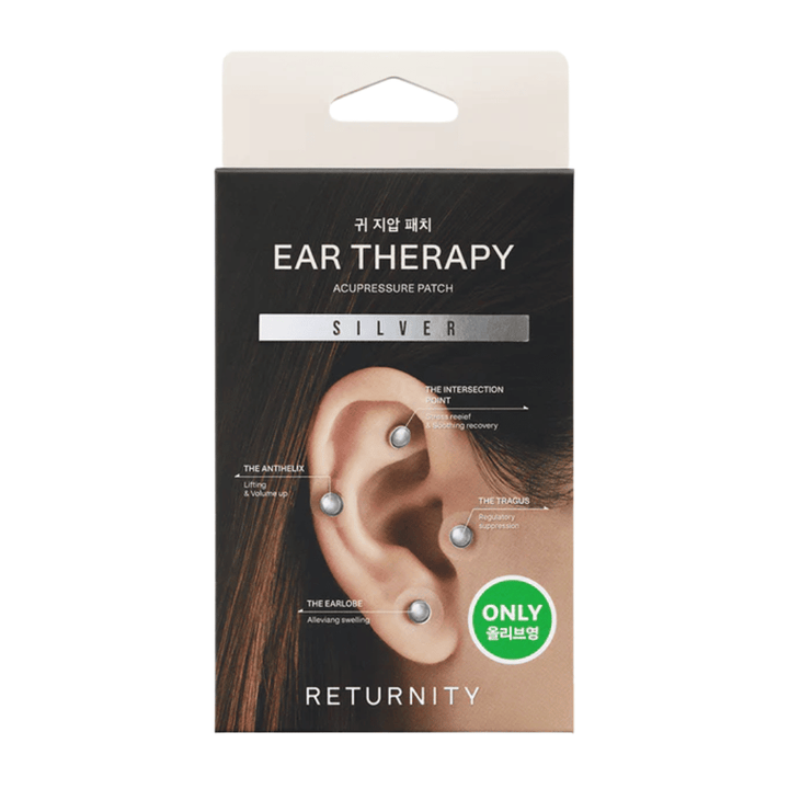 Embalagem de RETURNITY Ear Therapy Acupressure Patch Silver com patches auriculares prateados e pontos de acupressão assinalados na orelha.