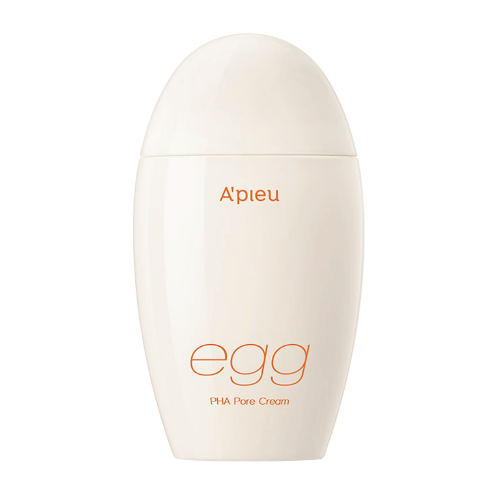 A’pieu Egg PHA Pore Cream em embalagem em forma de ovo, bege, com texto laranja – um creme facial coreano para redução de poros e esfoliação suave.