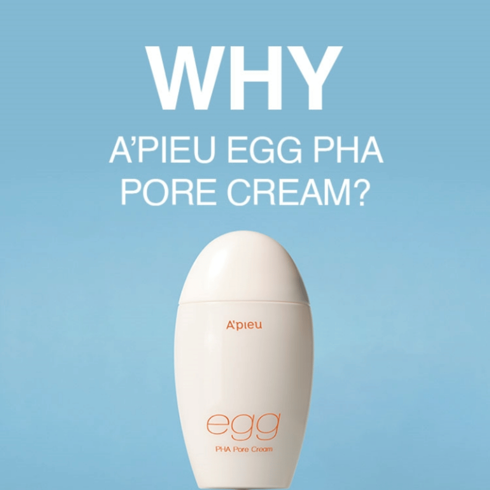 A’pieu Egg PHA Pore Cream em embalagem em forma de ovo sobre fundo azul com o texto "WHY A’PIEU EGG PHA PORE CREAM?", destacando os benefícios do produto.