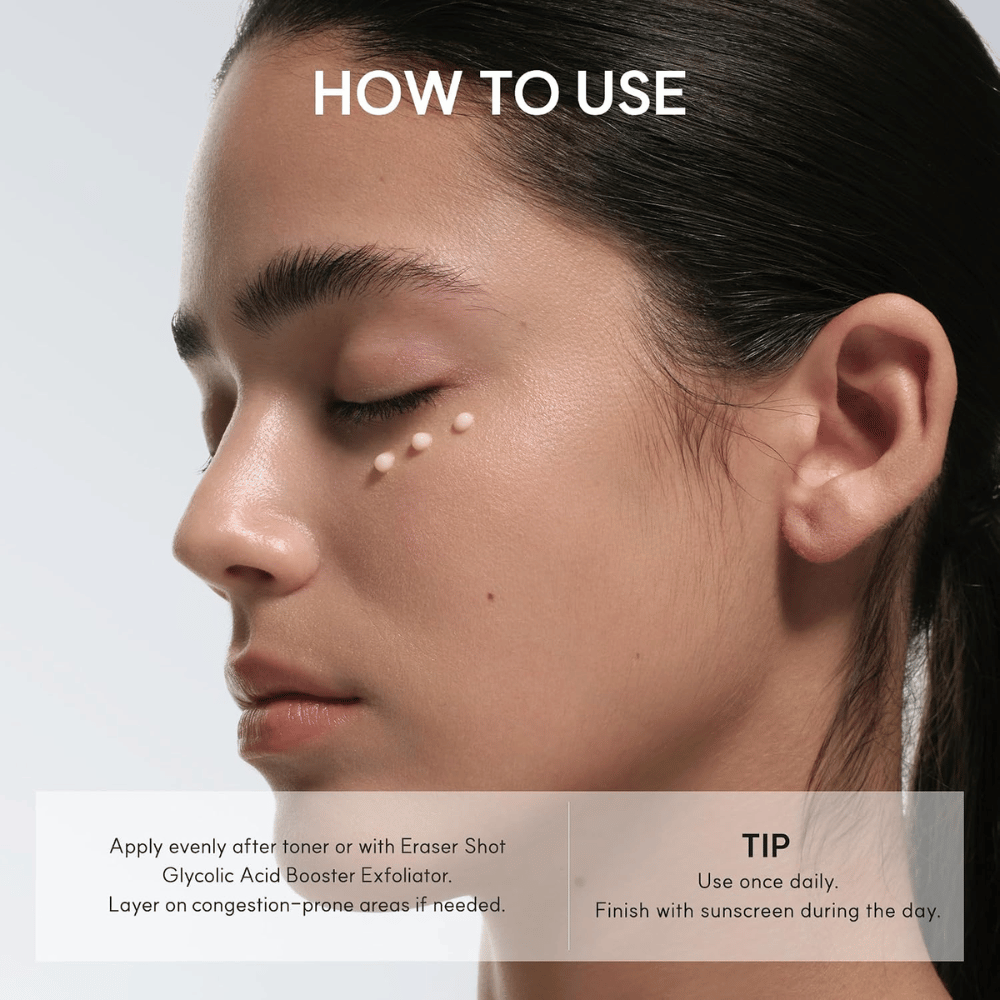 Arencia Eraser Shot Glycolic Acid Booster – aplicação de creme facial esfoliante com ácido glicólico