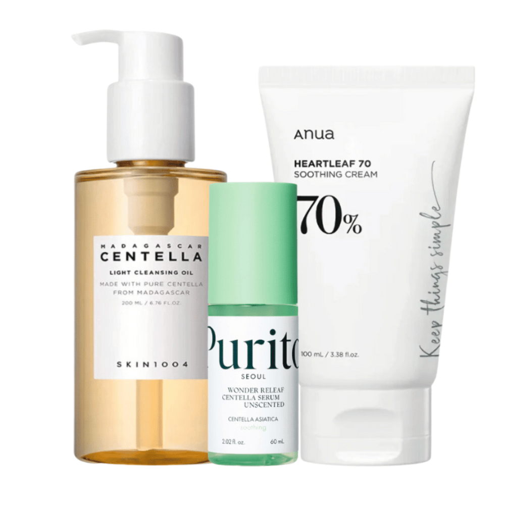 Este Kit de cuidados com a pele contém três etapas para uma pele radiante: SKIN1004 Madagascar Centella Light Cleansing Oil para limpeza suave, Purito Wonder Relief Centella Serum para hidratação e Anua Heartleaf 70 Soothing Cream para cuidado calmante. Perfeito para uso diário.