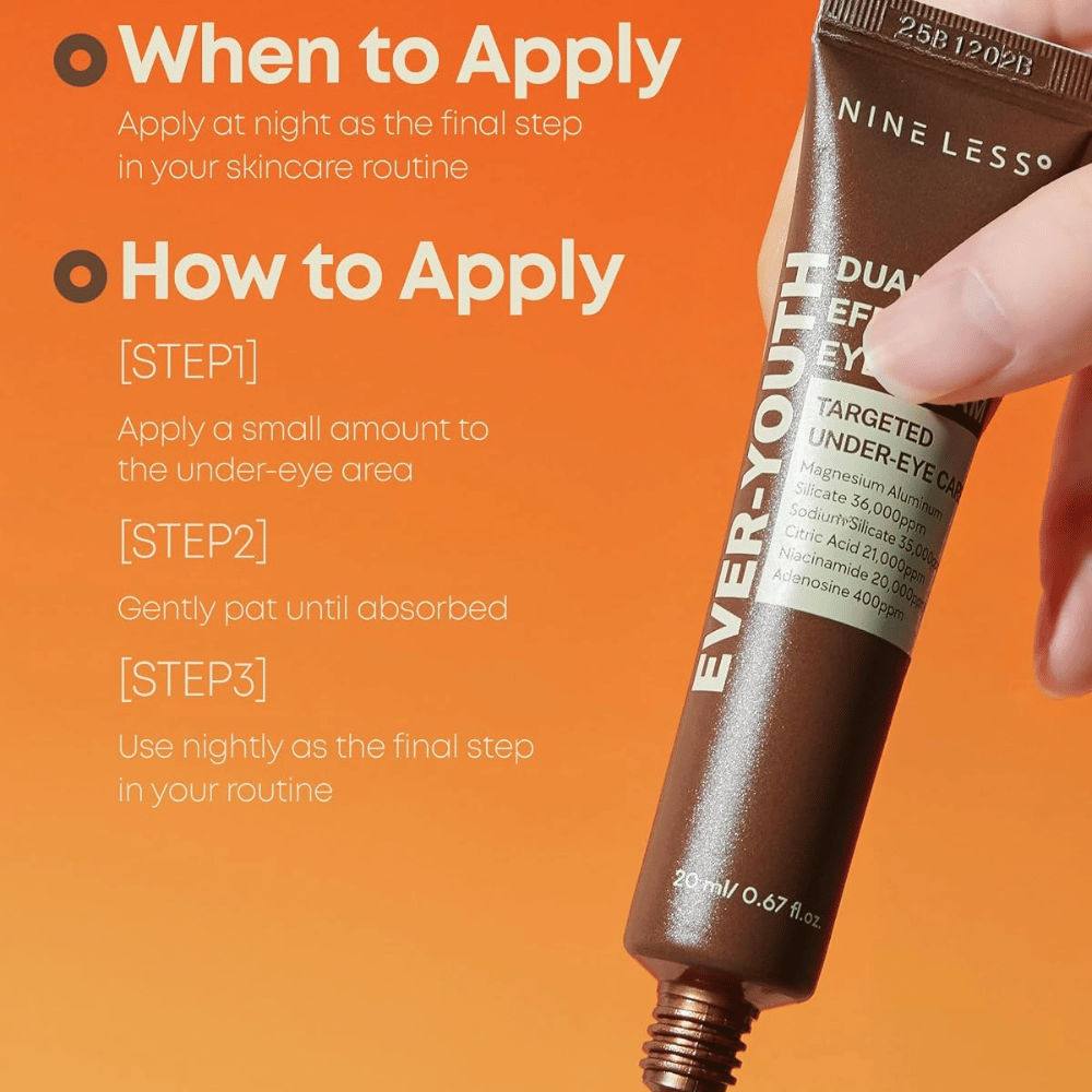 NINE LESS Ever-Youth Dual Effect Eye Cream – aplicação de creme de olhos como último passo da rotina noturna