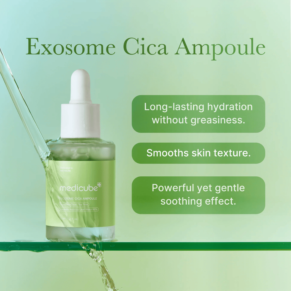 Medicube Exosome Cica Ampoule com fluxo de água verde, destacado para hidratação duradoura, tom de pele uniforme e efeito calmante poderoso mas suave.