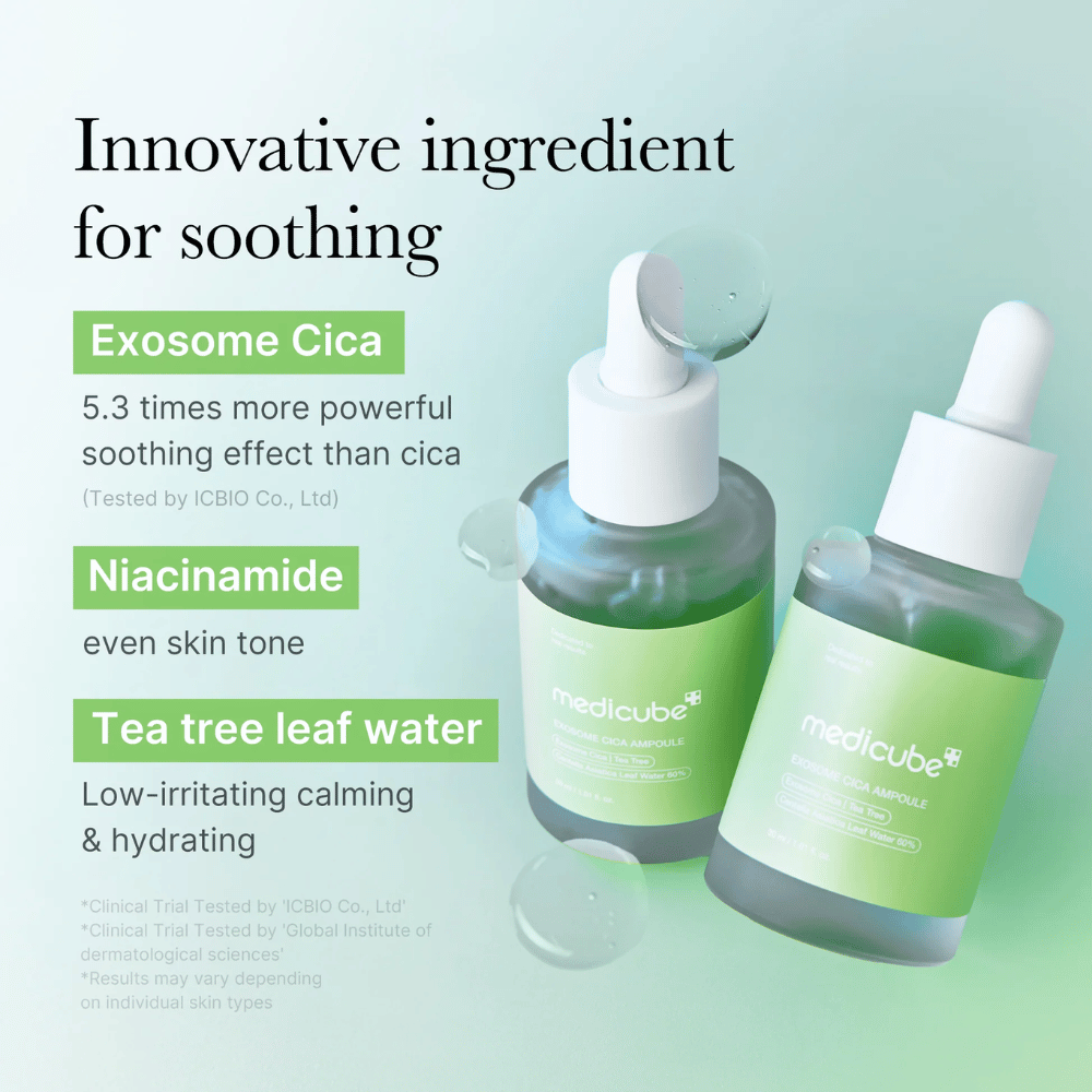 Duas garrafas Medicube Exosome Cica Ampoule, formulado com Exosome Cica, niacinamida e tea tree leaf water para efeito calmante.