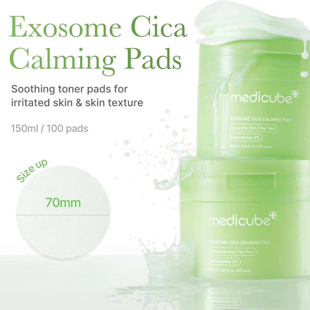 Medicube Exosome Cica Calming Pads em um pote verde, pads tonificantes calmantes com niacinamida e tea tree para pele irritada, 150 ml/100 pads.