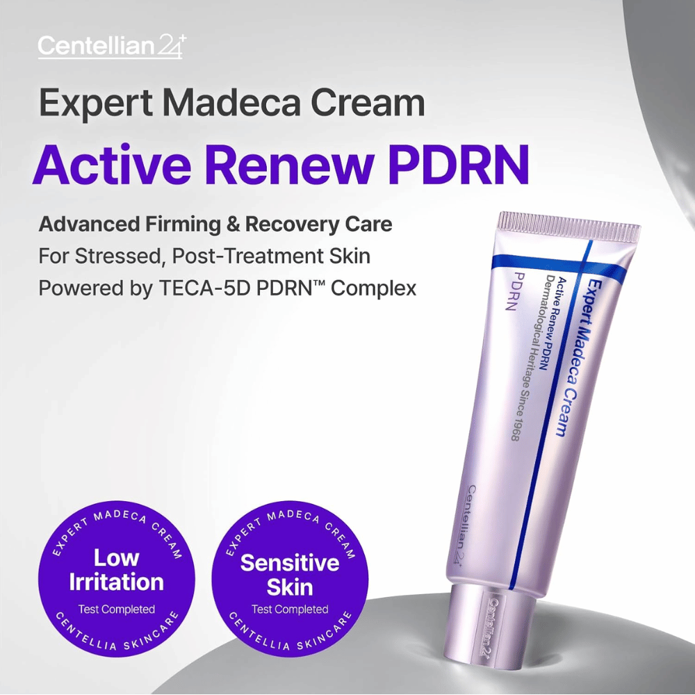 Centellian24 Expert Madeca Cream Active Renew PDRN imagem do produto em tubo com baixa irritação e adaptado para pele sensível com propriedades reparadoras