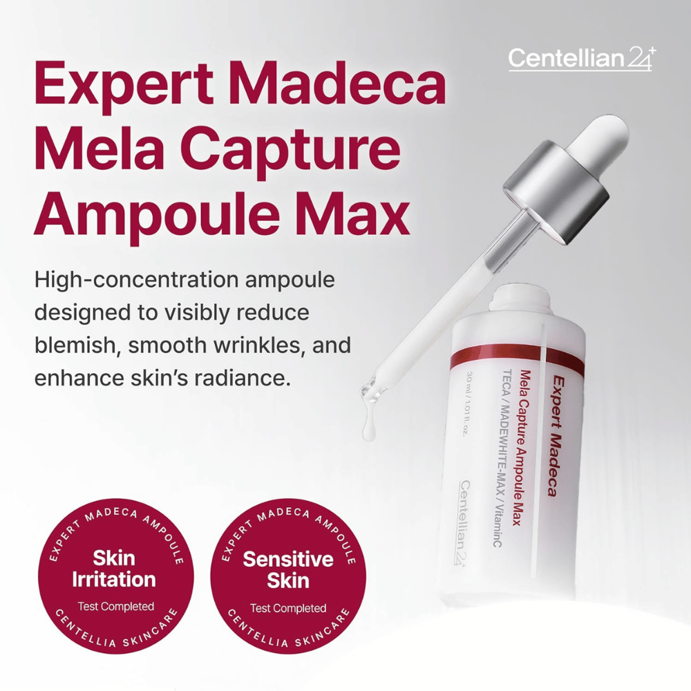 Centellian24 Expert Madeca Mela Capture Ampoule Max 30 ml – ampola coreana concentrada para manchas de pigmentação, linhas finas e luminosidade melhorada.