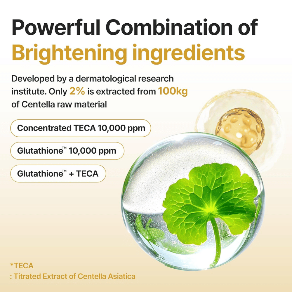 Centellian24 Expert Madeca Mela Capture Ampoule Max com TECA 10 000 ppm e glutatião 10 000 ppm para um tom de pele mais uniforme e maior luminosidade.