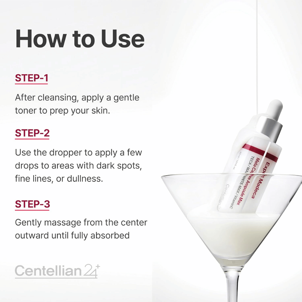 Centellian24 Expert Madeca Mela Capture Ampoule Max – aplique algumas gotas nas áreas com manchas de pigmentação, linhas finas ou pele baça e massaje suavemente até absorver.