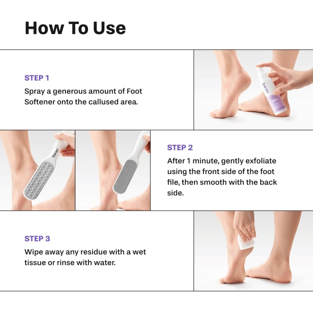 Como utilizar o BAREN Conjunto doméstico apagador de calos dos pés – aplique Foot Softener, lime as calosidades e enxague os pés