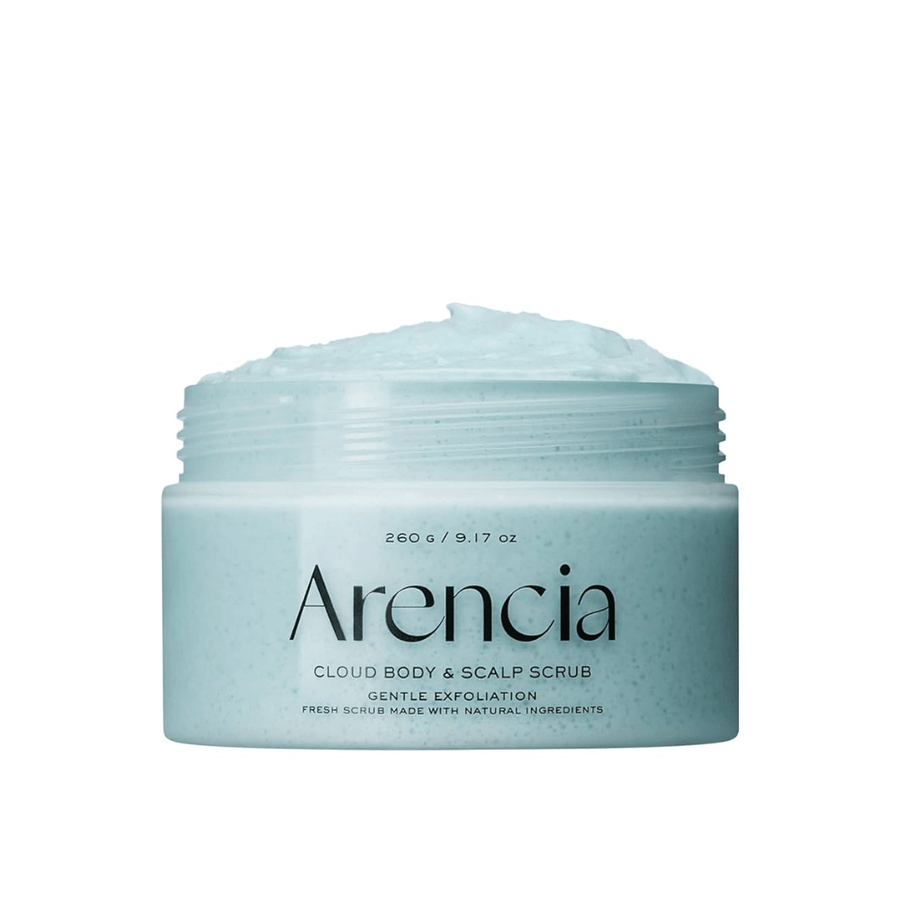 Arencia Fresh Cloud Scrub French Mint & Lily em fundo branco. Esfoliante corporal e capilar refrescante que esfolia suavemente e proporciona uma sensação de pele fresca e macia.
